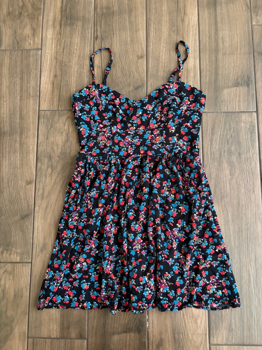 Express Black Floral Spaghetti-Strap Dress with Red and Blue Blooms